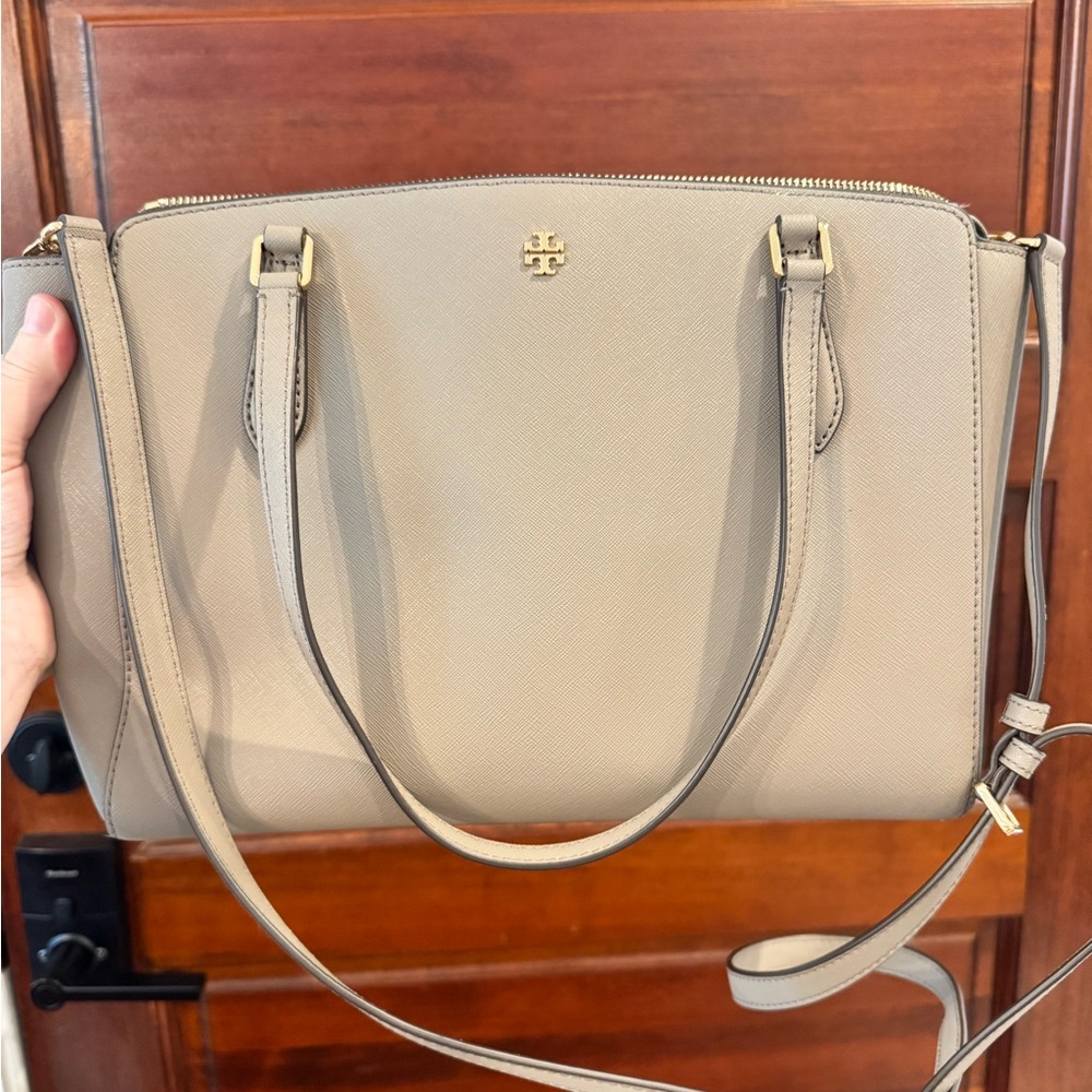 Tory Burch Greige Satchel Bag with Textured Leather and Removable Strap